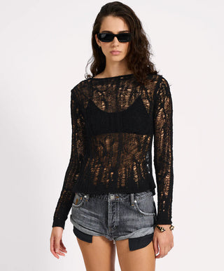 Cinched In Laddered Longsleeve Knit Top - Black