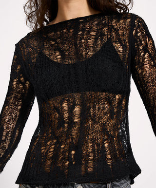 Cinched In Laddered Longsleeve Knit Top - Black