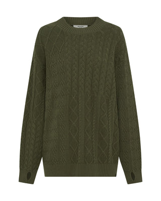 Mixed Cable Cotton Knit Sweater - Khaki