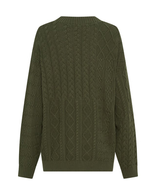 Mixed Cable Cotton Knit Sweater - Khaki