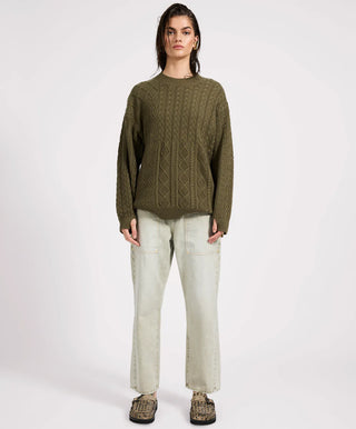 Mixed Cable Cotton Knit Sweater - Khaki