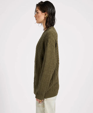Mixed Cable Cotton Knit Sweater - Khaki