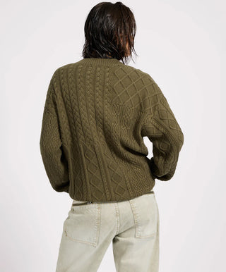 Mixed Cable Cotton Knit Sweater - Khaki