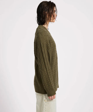 Mixed Cable Cotton Knit Sweater - Khaki