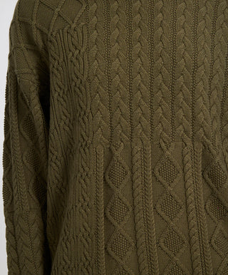 Mixed Cable Cotton Knit Sweater - Khaki