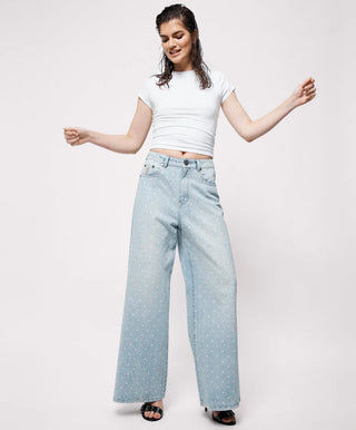 Love Machines Mid Waist Super Wide Leg Denim Jeans - Blue Sparkle