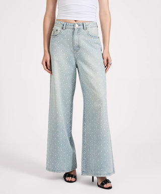 Love Machines Mid Waist Super Wide Leg Denim Jeans - Blue Sparkle