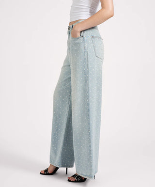 Love Machines Mid Waist Super Wide Leg Denim Jeans - Blue Sparkle