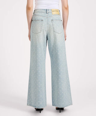 Love Machines Mid Waist Super Wide Leg Denim Jeans - Blue Sparkle