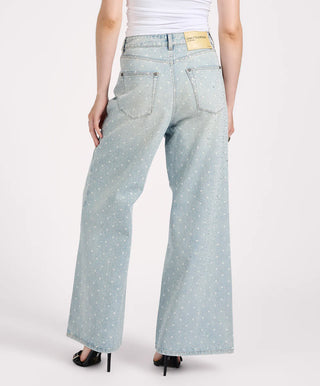 Love Machines Mid Waist Super Wide Leg Denim Jeans - Blue Sparkle