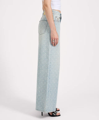 Love Machines Mid Waist Super Wide Leg Denim Jeans - Blue Sparkle
