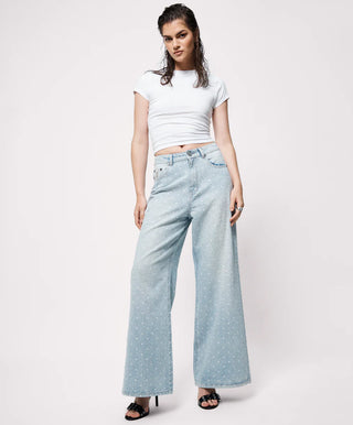 Love Machines Mid Waist Super Wide Leg Denim Jeans - Blue Sparkle