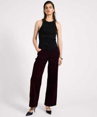 Jackson Mid Waist Wide Leg Velvet Finish Denim Jeans - Flocked Maroon