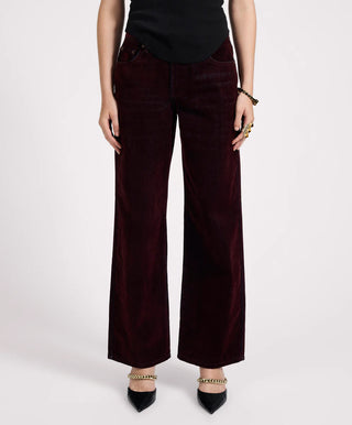 Jackson Mid Waist Wide Leg Velvet Finish Denim Jeans - Flocked Maroon