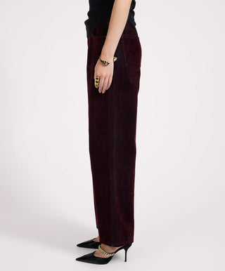 Jackson Mid Waist Wide Leg Velvet Finish Denim Jeans - Flocked Maroon