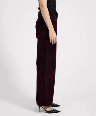 Jackson Mid Waist Wide Leg Velvet Finish Denim Jeans - Flocked Maroon