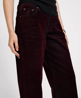 Jackson Mid Waist Wide Leg Velvet Finish Denim Jeans - Flocked Maroon