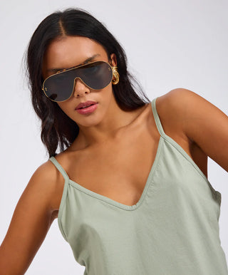 Deep V Front Cotton Singlet - Khaki