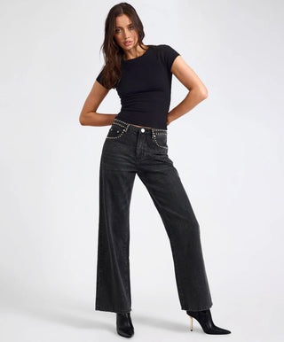 Jackson Mid Waist Wide Leg Studded Denim Jeans - Black