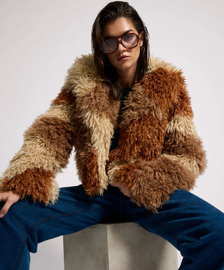 Mongolian Cropped Faux Fur Jacket - Tan