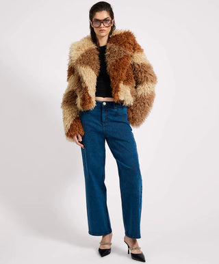 Mongolian Cropped Faux Fur Jacket - Tan