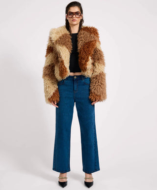 Mongolian Cropped Faux Fur Jacket - Tan