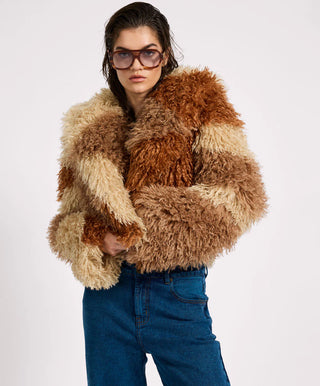Mongolian Cropped Faux Fur Jacket - Tan
