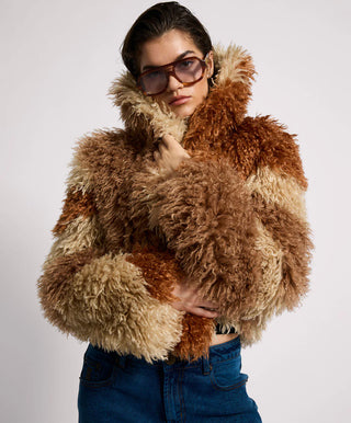 Mongolian Cropped Faux Fur Jacket - Tan