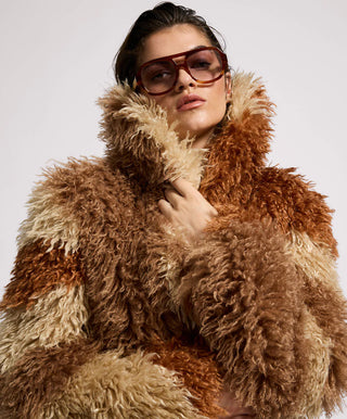 Mongolian Cropped Faux Fur Jacket - Tan