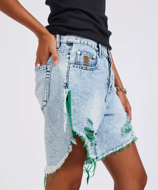 Frankies Low Waist Long Length Denim Shorts - Blue Fields
