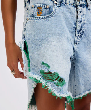 Frankies Low Waist Long Length Denim Shorts - Blue Fields
