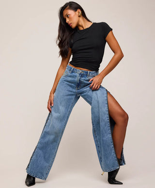 Low Riders Low Waist Wide Leg Zipped Denim Jeans - Pretty Blue