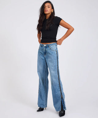 Low Riders Low Waist Wide Leg Zipped Denim Jeans - Pretty Blue