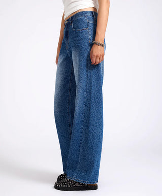 Jackson Mid Waist Wide Leg Denim Jeans - Blue Animal