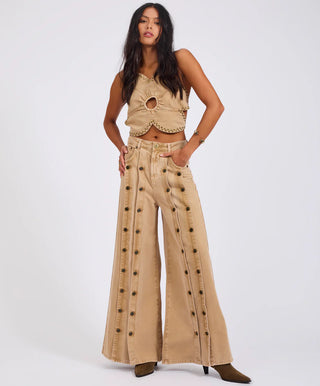 Hollywoods High Waist Wide Leg Denim Jeans - Warm Tan