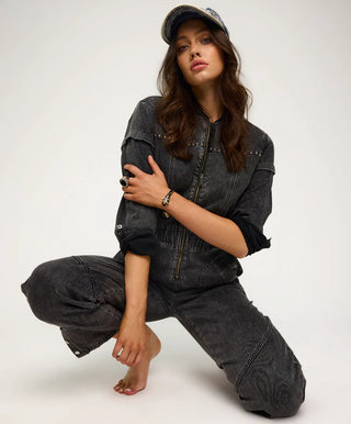 Callie Aviator Longsleeve Studded Denim Jumpsuit - Washed Black