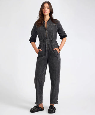 Callie Aviator Longsleeve Studded Denim Jumpsuit - Washed Black
