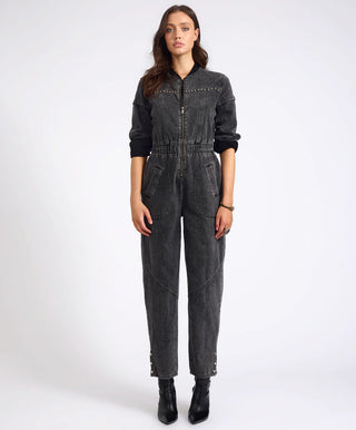 Callie Aviator Longsleeve Studded Denim Jumpsuit - Washed Black