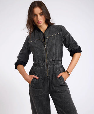 Callie Aviator Longsleeve Studded Denim Jumpsuit - Washed Black