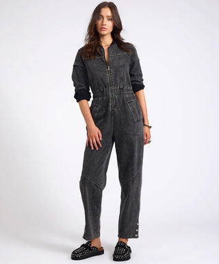 Callie Aviator Longsleeve Studded Denim Jumpsuit - Washed Black