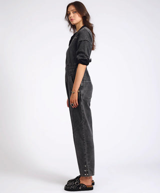 Callie Aviator Longsleeve Studded Denim Jumpsuit - Washed Black
