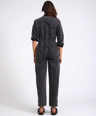 Callie Aviator Longsleeve Studded Denim Jumpsuit - Washed Black
