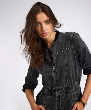 Callie Aviator Longsleeve Studded Denim Jumpsuit - Washed Black