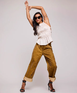 Evelyn Gathered Ruched Tie Top - Cream