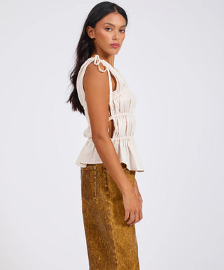 Evelyn Gathered Ruched Tie Top - Cream