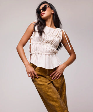 Evelyn Gathered Ruched Tie Top - Cream