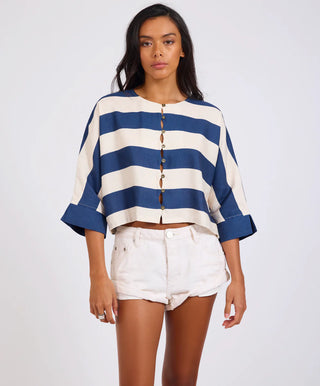 Blue Vista Linen Cropped Batwing Top - Blue Cream