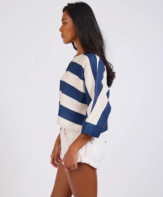Blue Vista Linen Cropped Batwing Top - Blue Cream