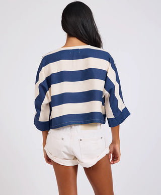 Blue Vista Linen Cropped Batwing Top - Blue Cream