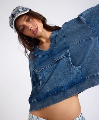 Retro Fade Panelled V Sweater - Washed Blue